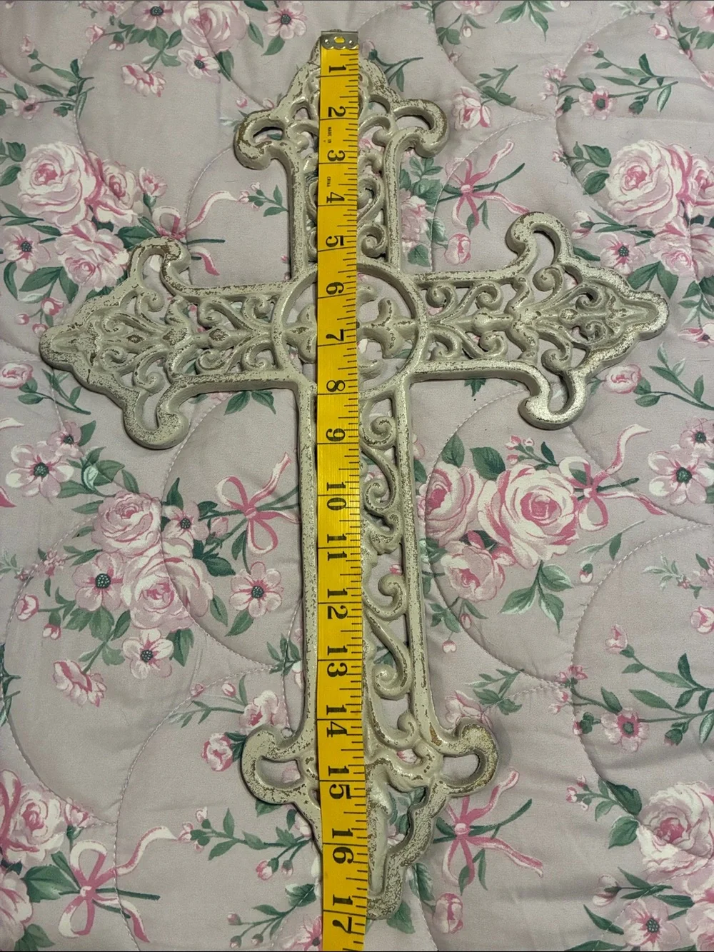 Large Ornate Cast Iron Wall Cross in Distressed Cream